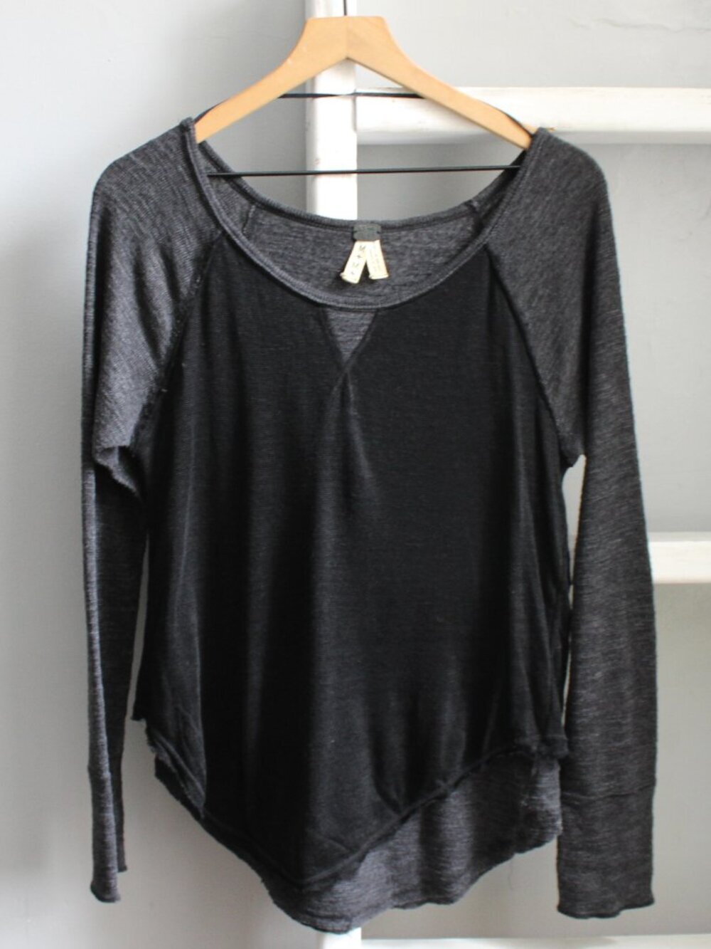 Free People Friday Feeling We The Free Black Gray Long Sleeve Top Size Medium